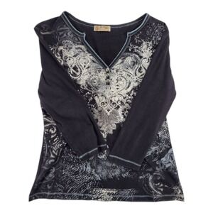 Blue Canyon Clothing Women's Black Scroll Floral Print Henley Top Long Sleeve L